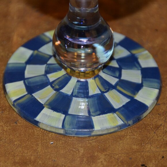 RARE RETIRED DESIGNER MACKENZIE CHILDS BLUE ROYAL CHECK GOLD WATER GLASS GOBLET - Picture 7 of 11